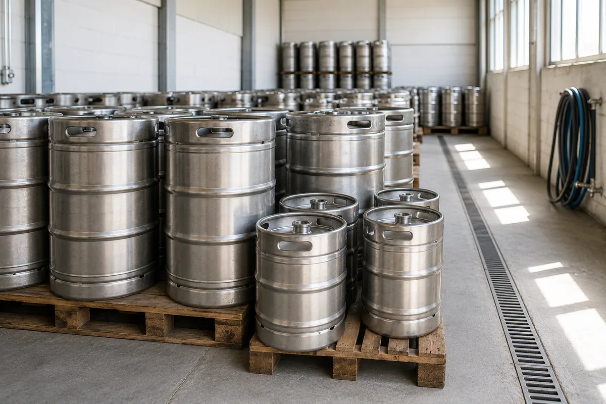 Gestapelte Edelstahl-Kegs zu 50 und 30 Litern im Lager einer Brauerei