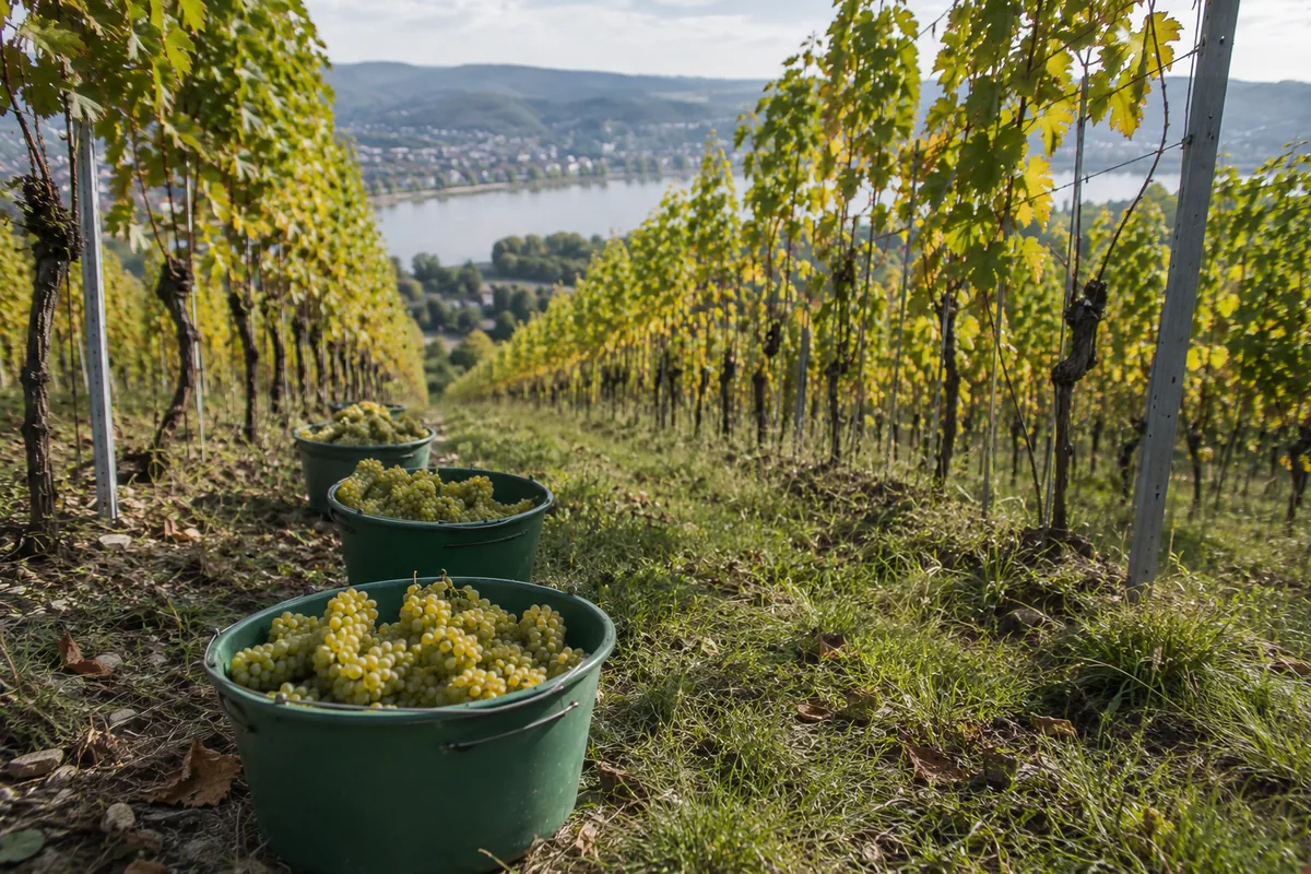 Gefüllte Lesebütten mit Weißweintrauben am Ende einer Rebzeile in einem deutschen Weinberg