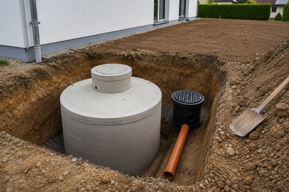 Betonzisterne in einer offenen Baugrube neben einem Wohnhaus, Zulaufrohr und Filterschacht sichtbar